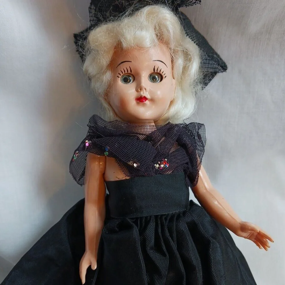 Vintage Open Shut Eye Doll Black Dress Blonde Hair